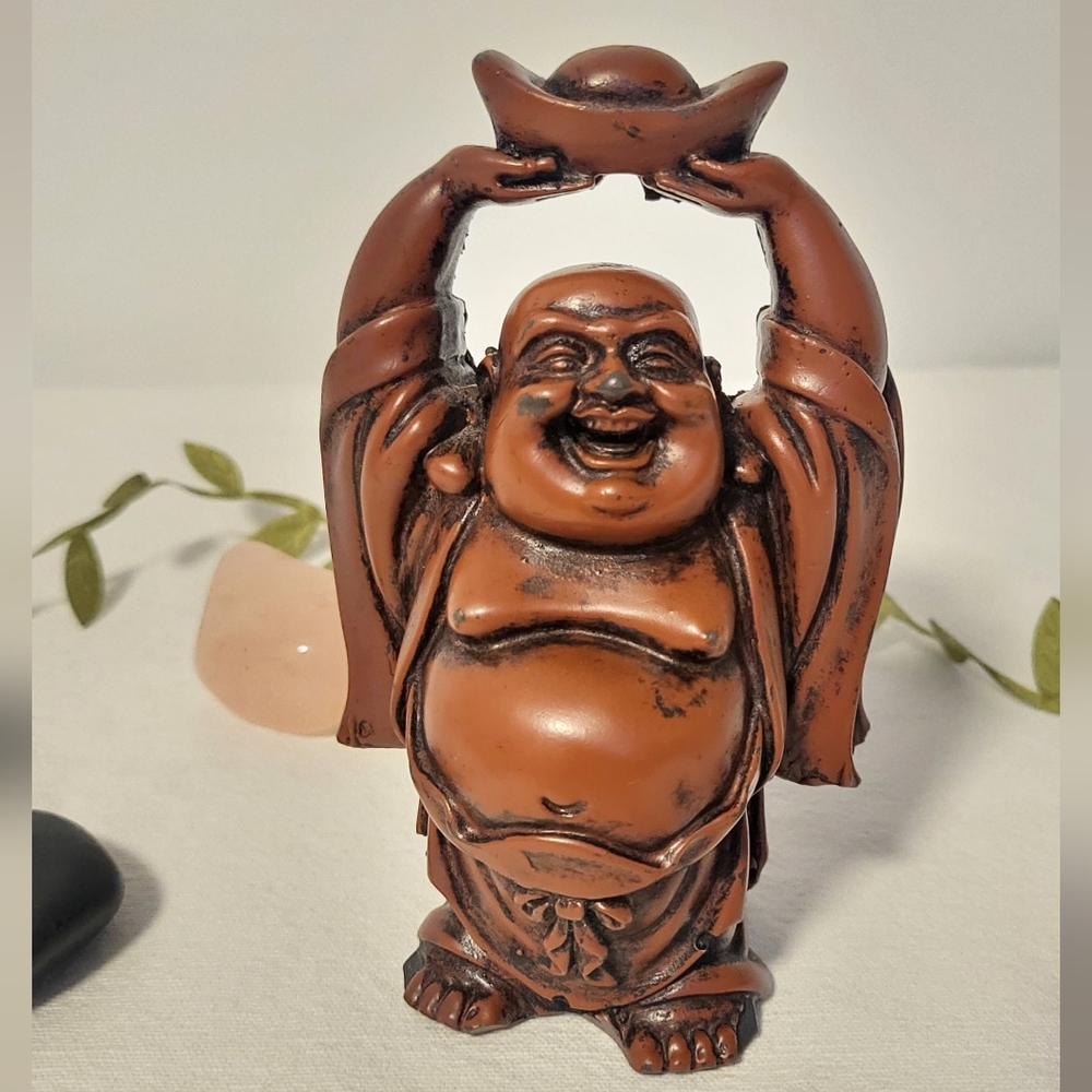 Vintage Buddha Laughing , fortune Bowl, resin/wood Statue +/- 12 cm tall